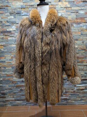 Brown Dyed Silver Blue Frost Fox Real Saga Fur Coat w Leather Inserts, size XL